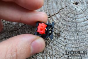 Disassembled mechanical keyboard switch top view with hotswap LED sockets